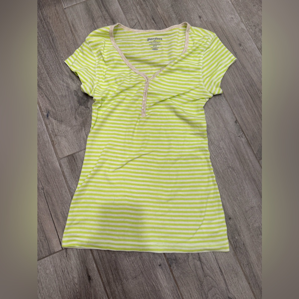 Y2K Old Navy Perfect Short Sleeve Henley with Neon Yellow and White Stripes